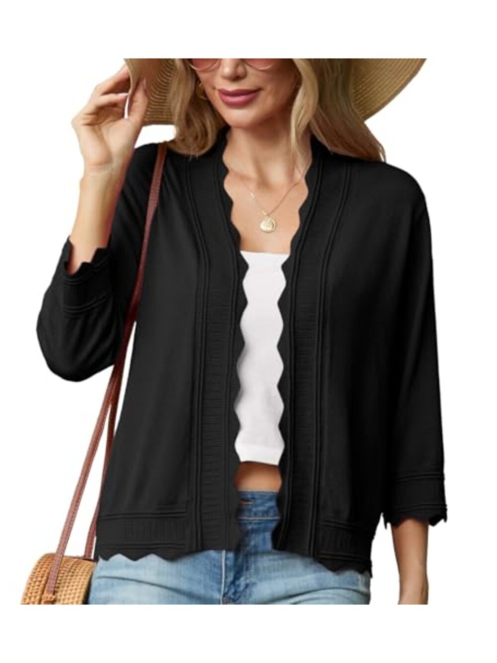 Women's Viscose & Polyamide Knit Cropped Cardigan Open Front Shrug 3/4 Sleeve